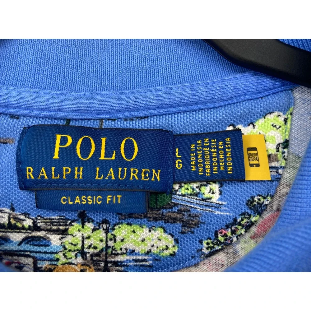 Polo Ralph Lauren Polo Shirt Men Large Blue Paris Bear Classic Fit Preppy Travel